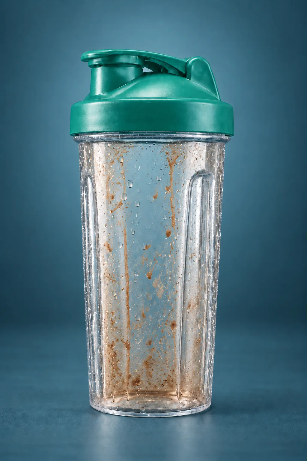 Shaker bottle with visible drink residue before cleaning