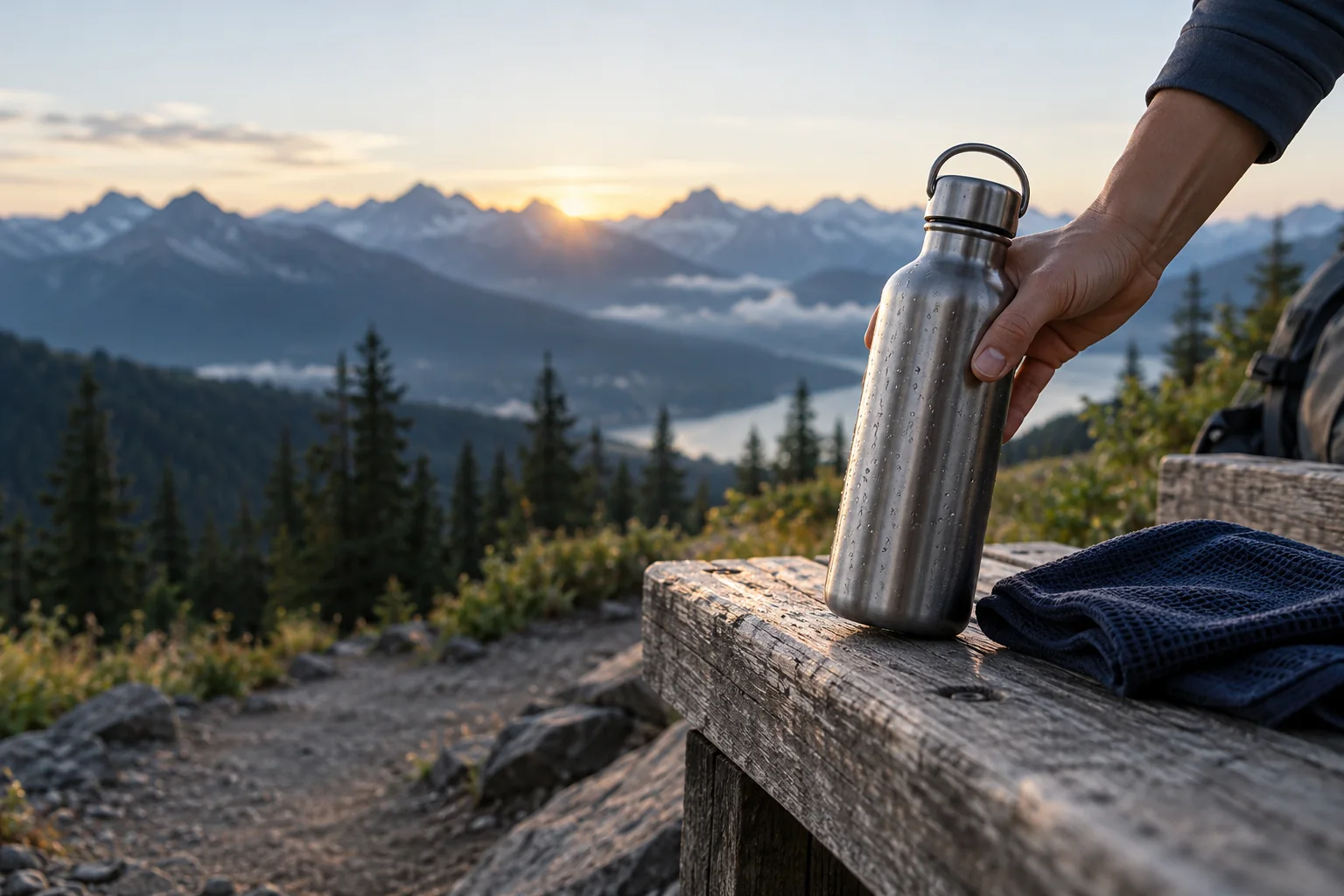 A person lifting a reusable water bottle from a trail bench at sunrise